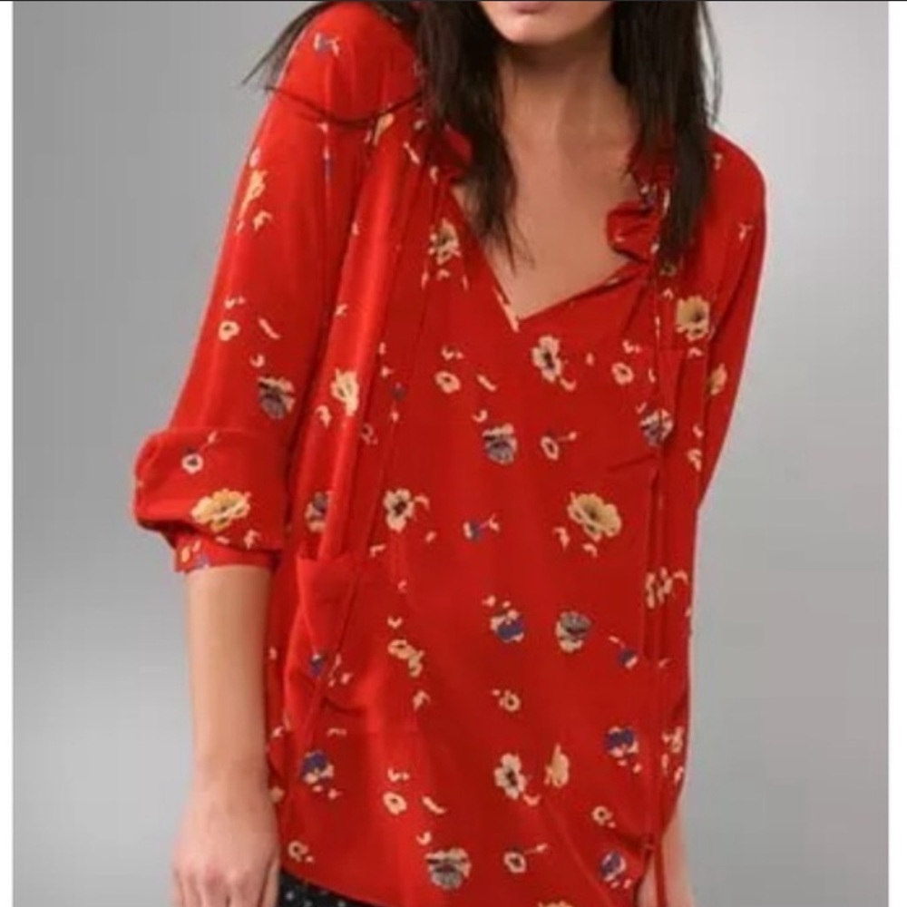 Rebecca Taylor Red Poppy Silk Long Sleeve Blouse.